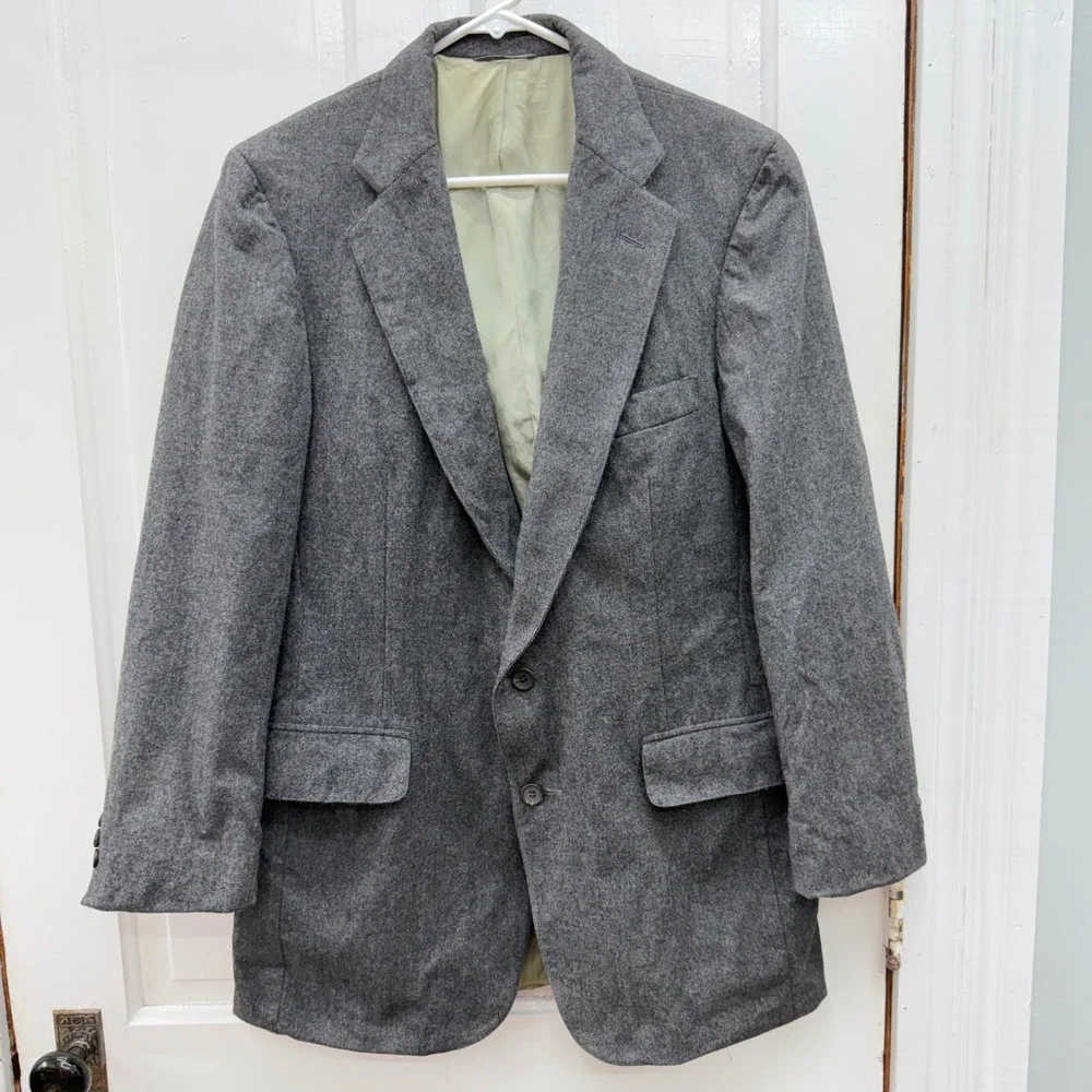 Vintage Chaps Ralph Lauren Mens Grey Virgin Wool 2 Piece Suit Jacket Vest Tweed
